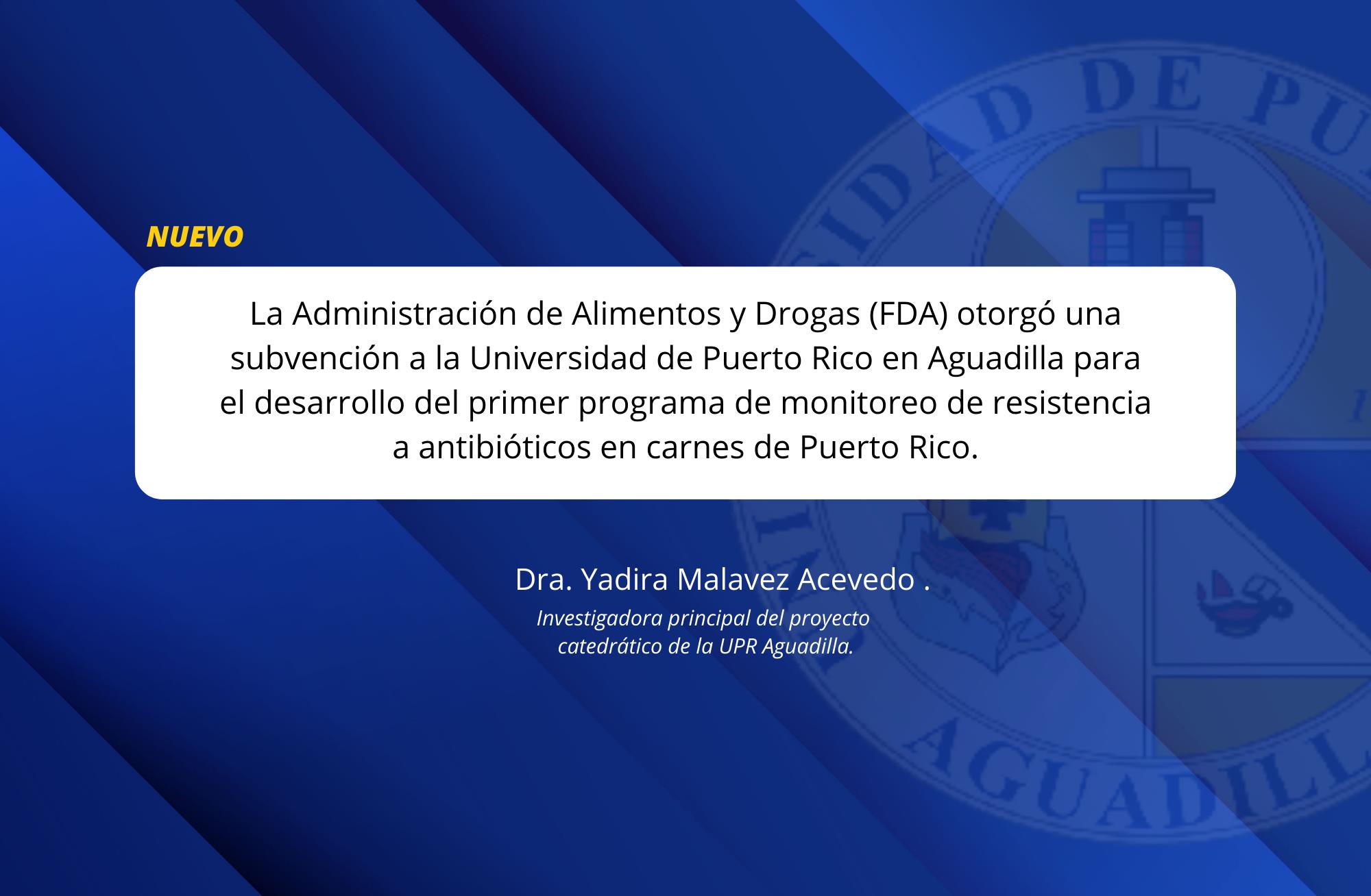 La Administración de Alimentos y Drogas (FDA) otorgó una subvención a la Universidad de Puerto Rico en Aguadilla para el desarrollo del primer programa de monitoreo de resistencia a antibióticos en carnes de Puerto Rico